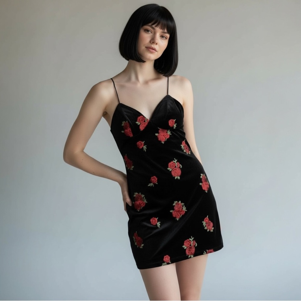90s inspired velvet Black Dress with Red Floral Design